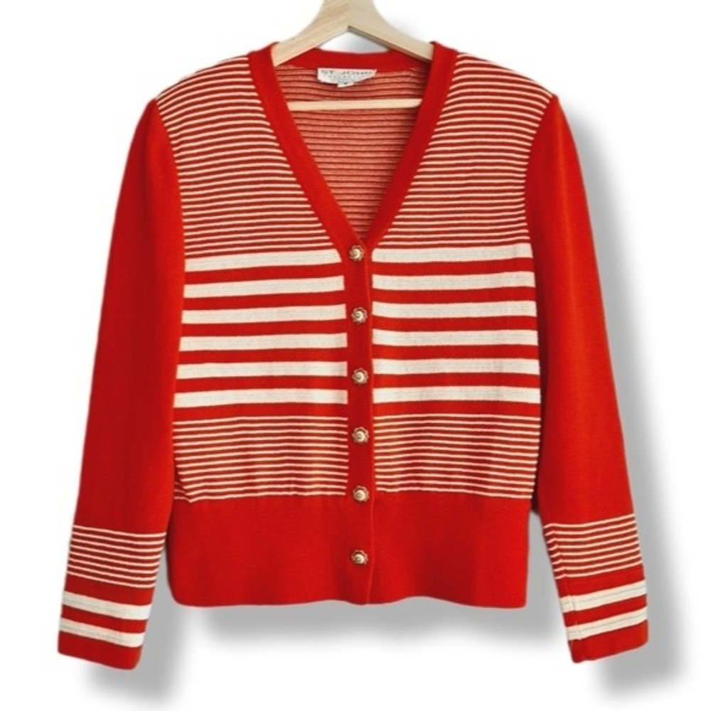 ST. JOHN Fine Knit Button Down Cardigan Stripped Red & White Sz M